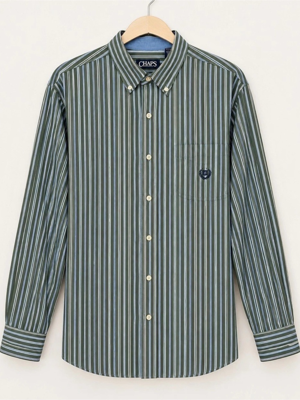Chaps Easy Care Men’s XXL Green Blue White Striped Button Down Shirt